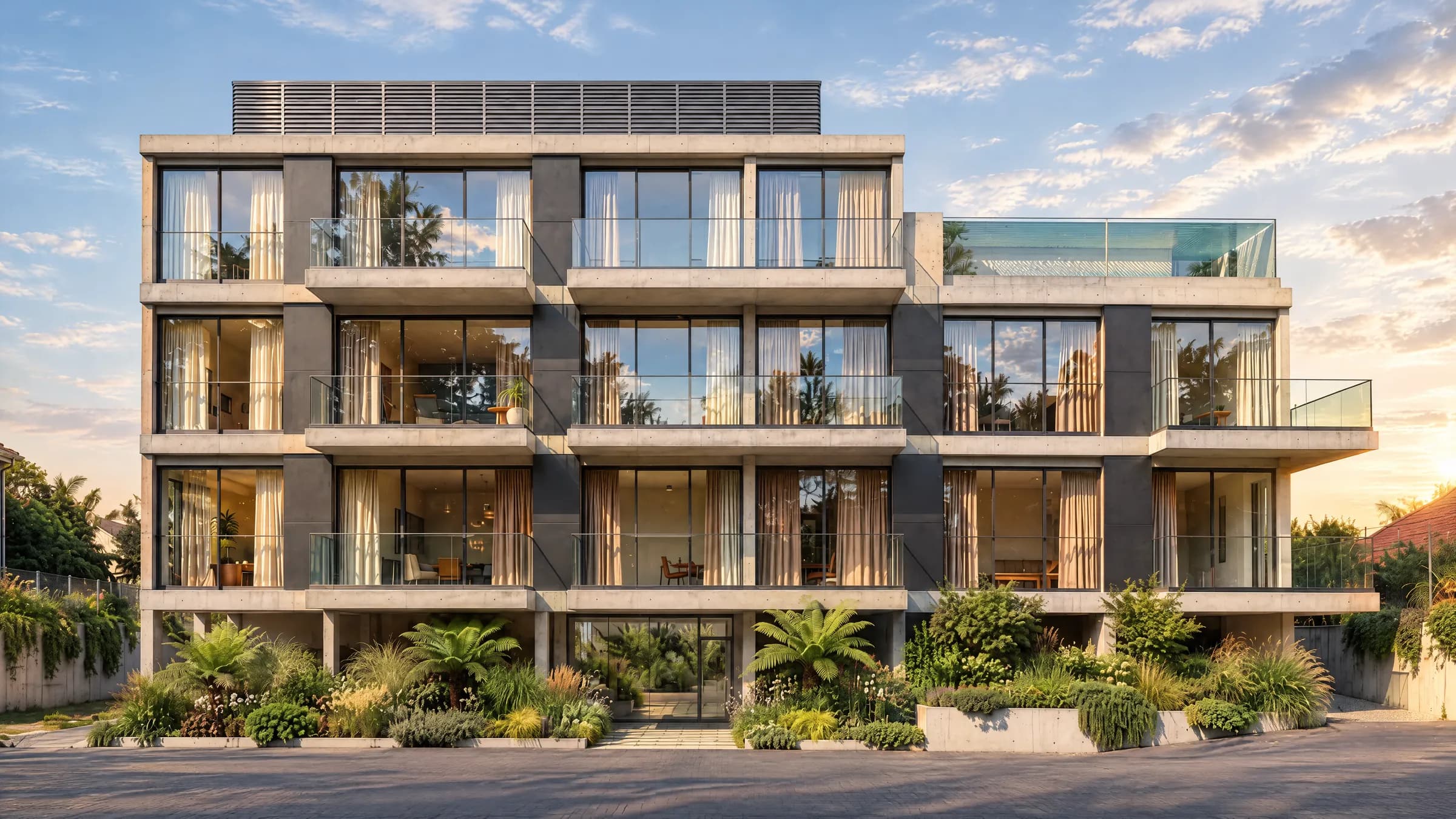 Blue Azul Residences — contemporary facade with concrete, glass and landscaped entrance
