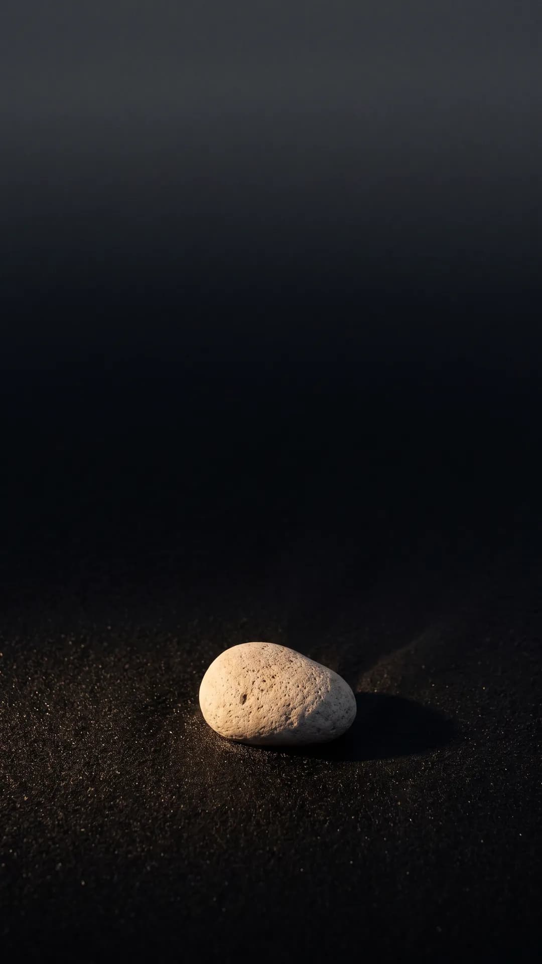 A sea-smoothed pale limestone pebble on wet dark sand at dusk