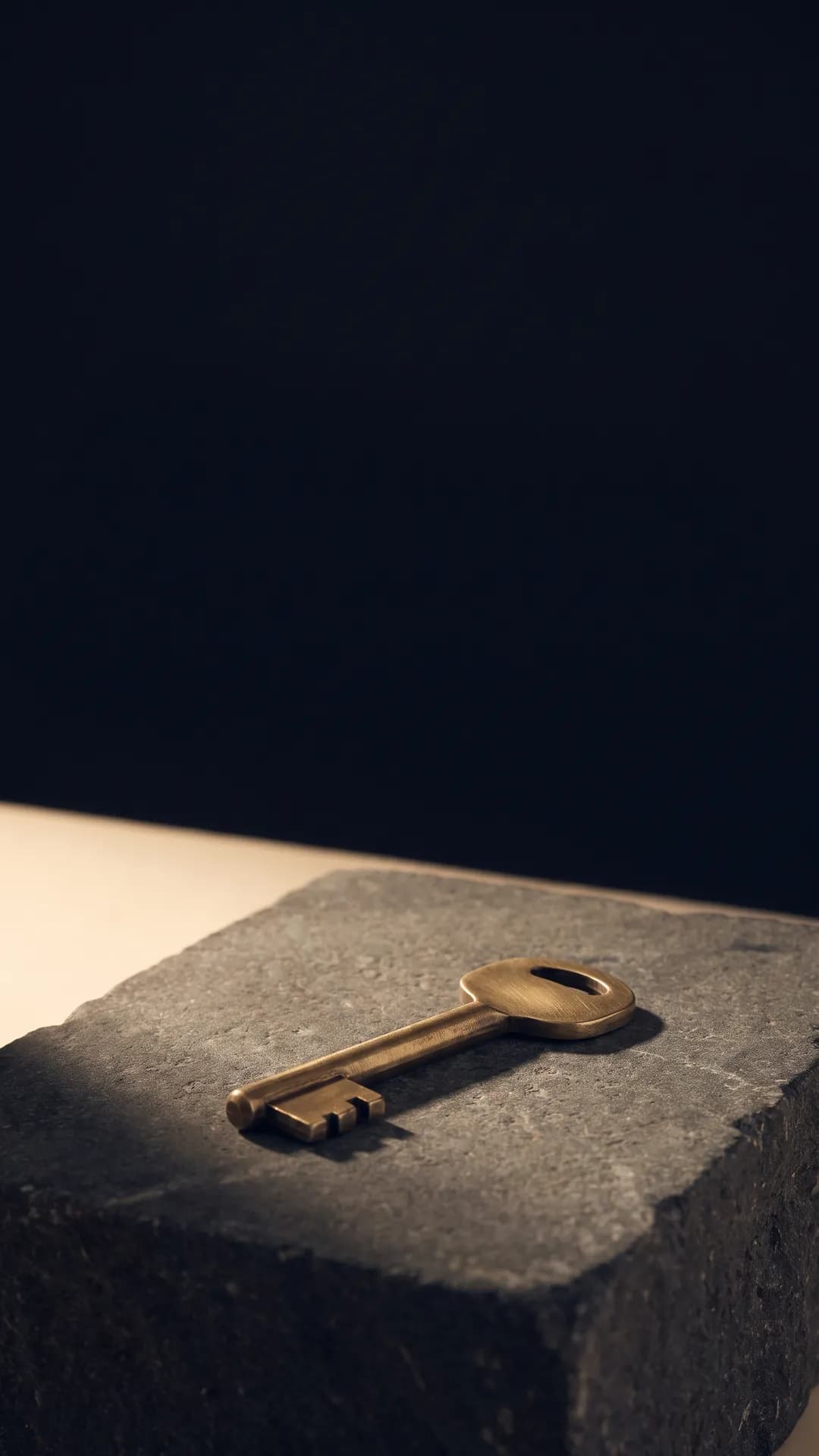 A brushed brass door key resting on dark honed stone under warm directional light