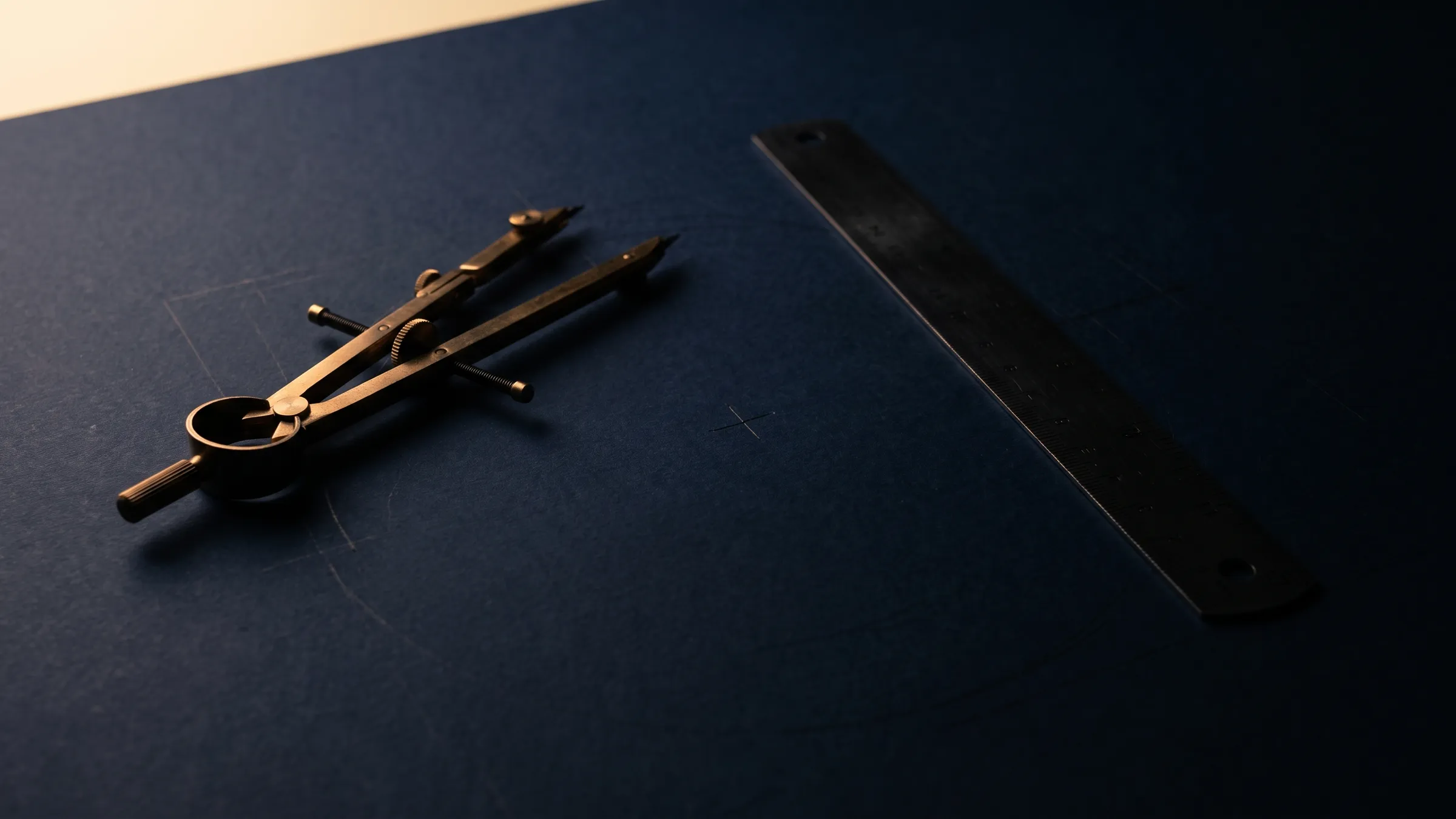 Drafting instruments resting on a dark drawing sheet