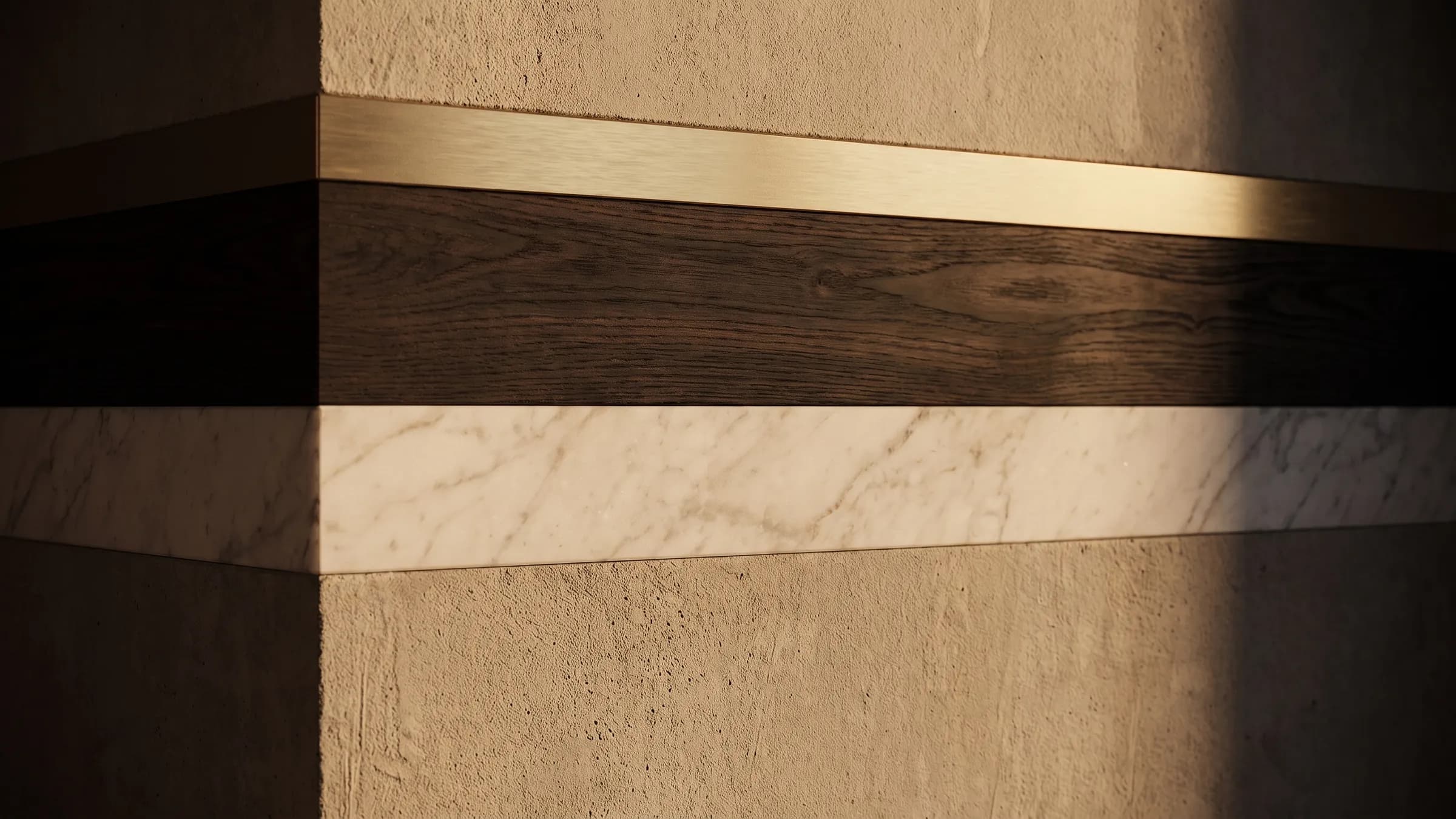 Material strata in cross-section: concrete, marble, oak, and a seam of brass