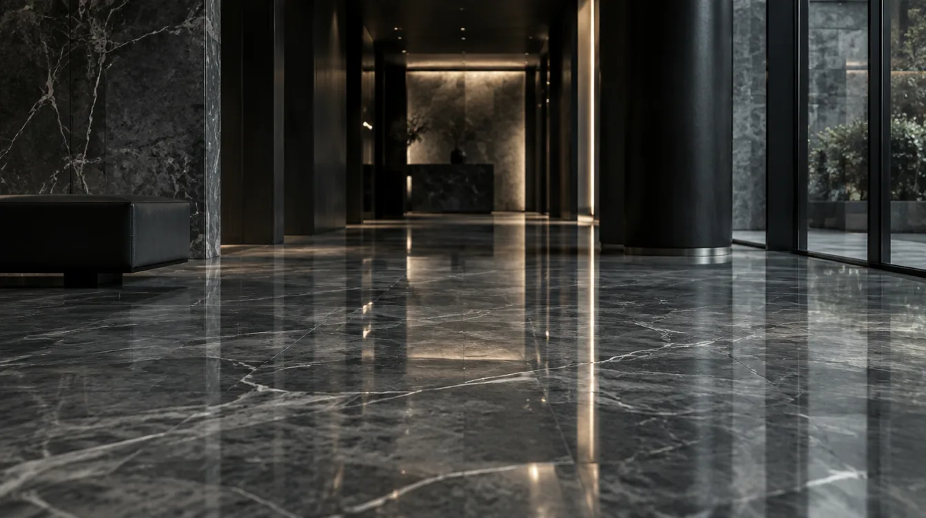 Lobby floor clad in polished grey marble with cool reflections