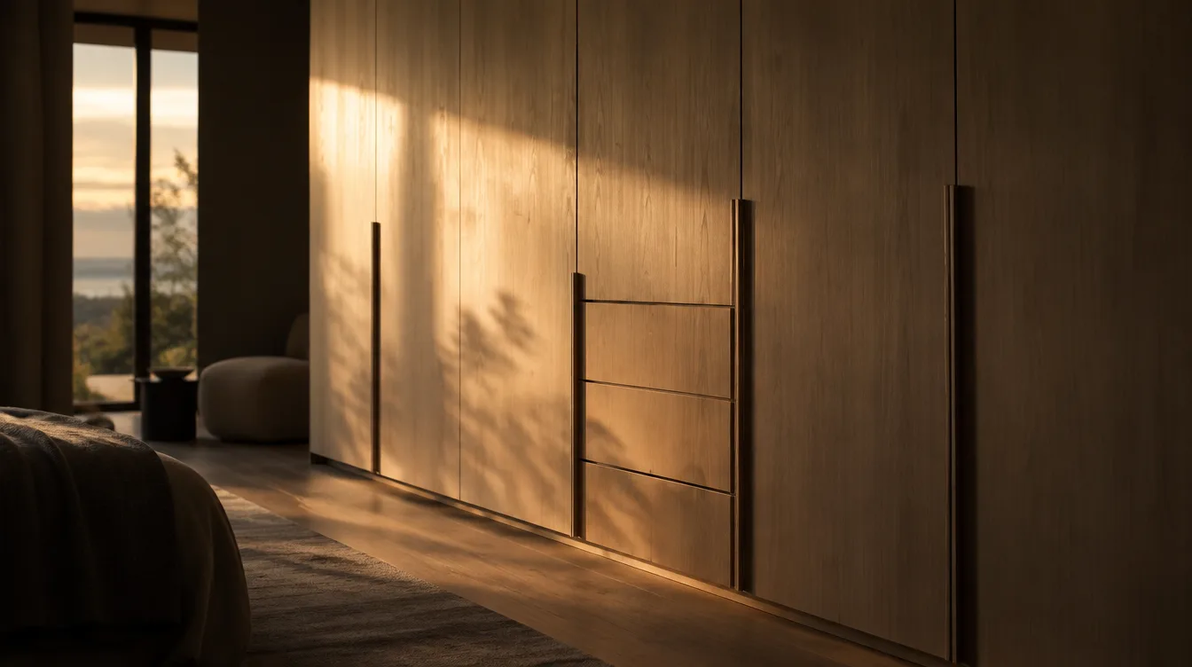 Built-in cabinetry wall faced in pale poplar wood veneer, warm raking light