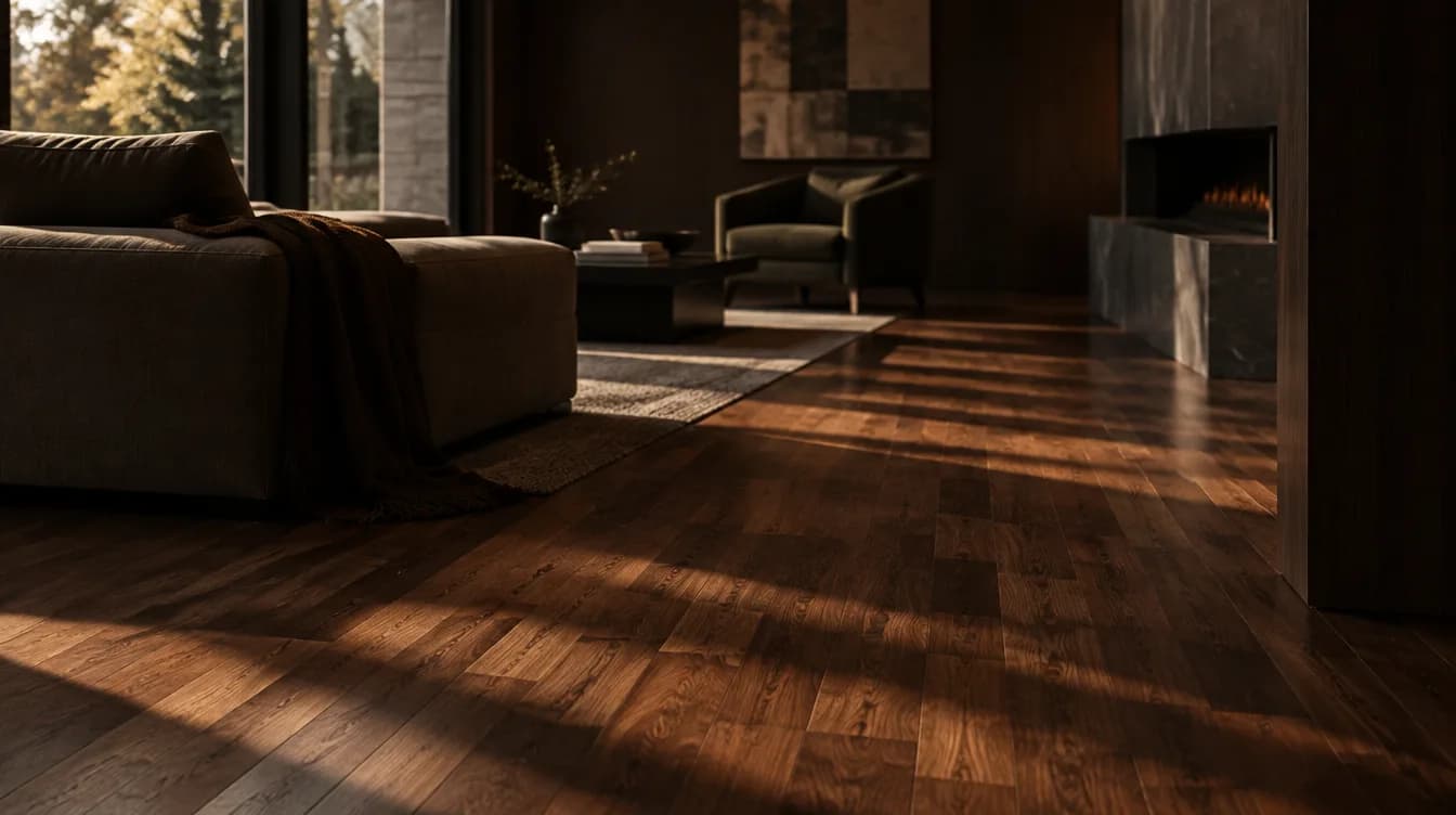 Living room floor laid in stripbond walnut parquet under warm late-afternoon light