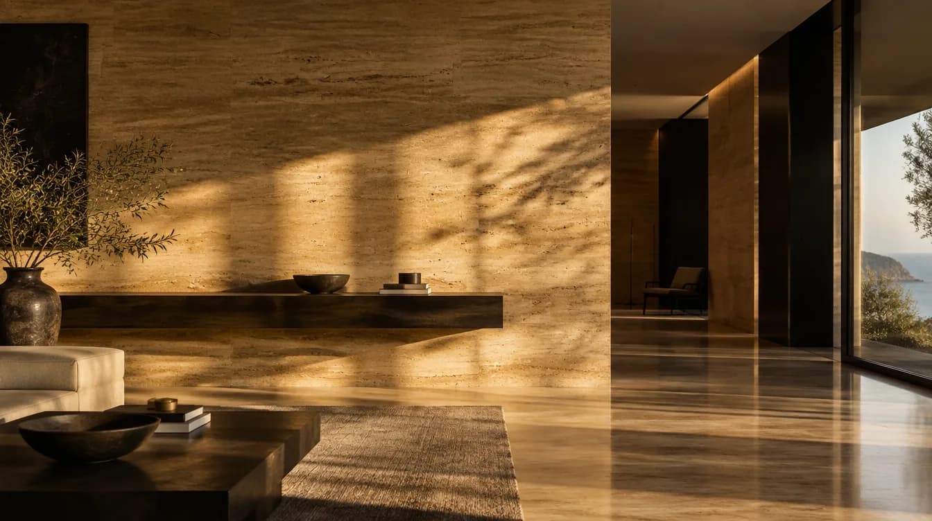Feature wall and floor clad in honed Travertino Giallo stone under warm Mediterranean light