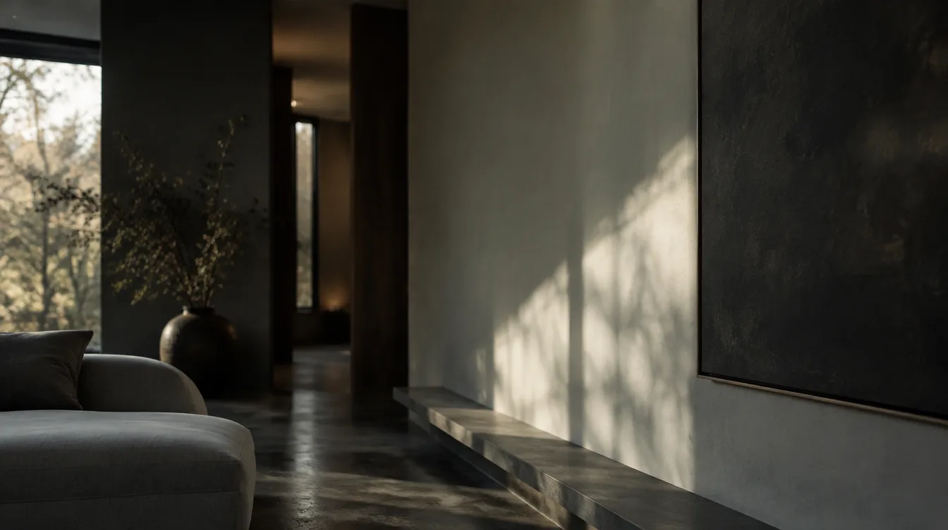 Minimalist wall finished in matte neutral interior paint under soft daylight