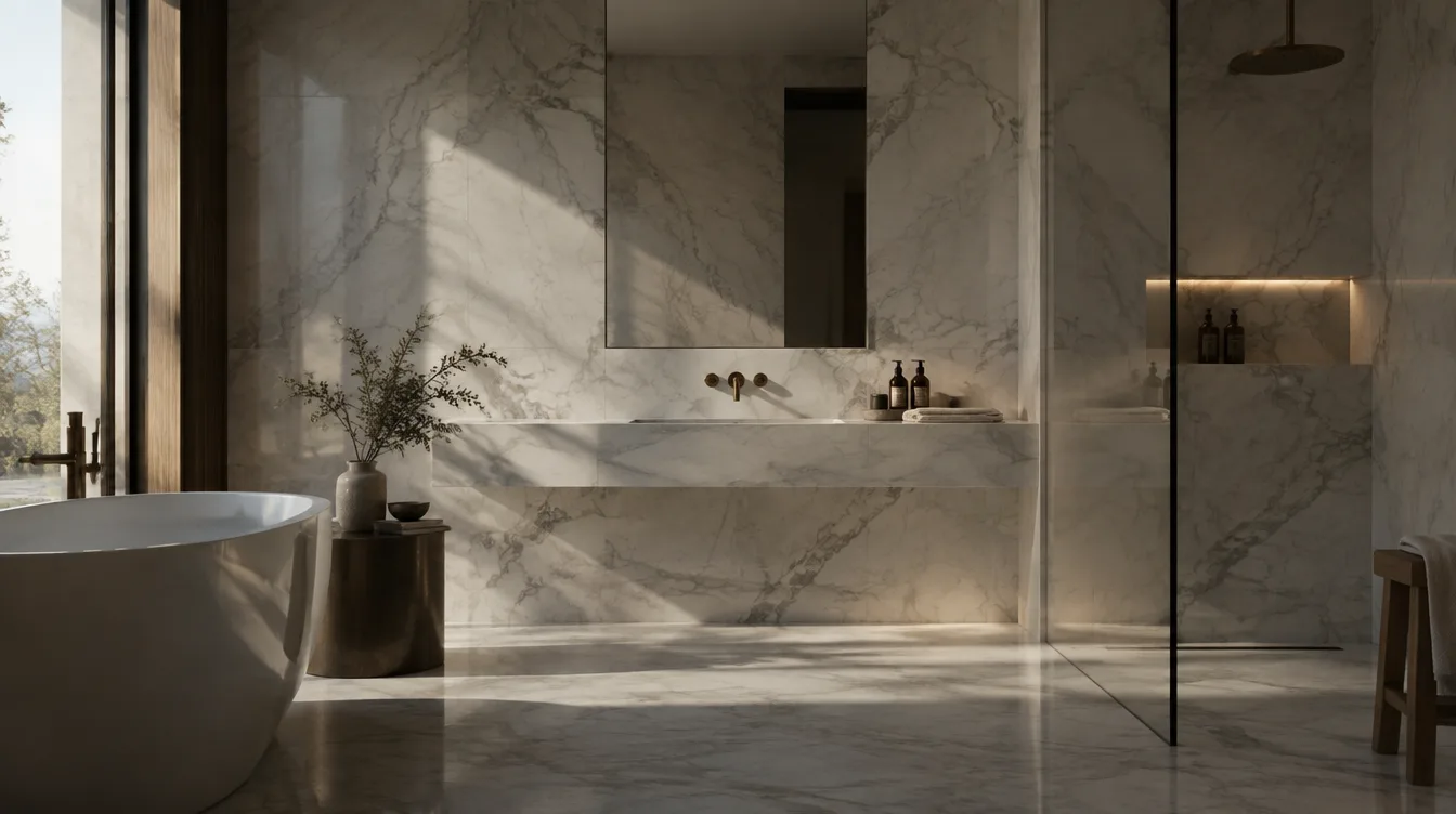 Bathroom wall and floor clad in polished Ziarat white marble with soft grey veining